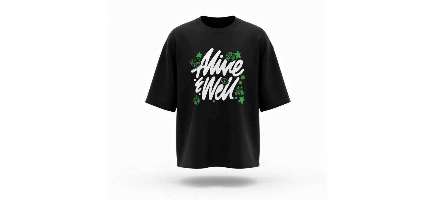 Alive & Well Script All-Over Tee — Black