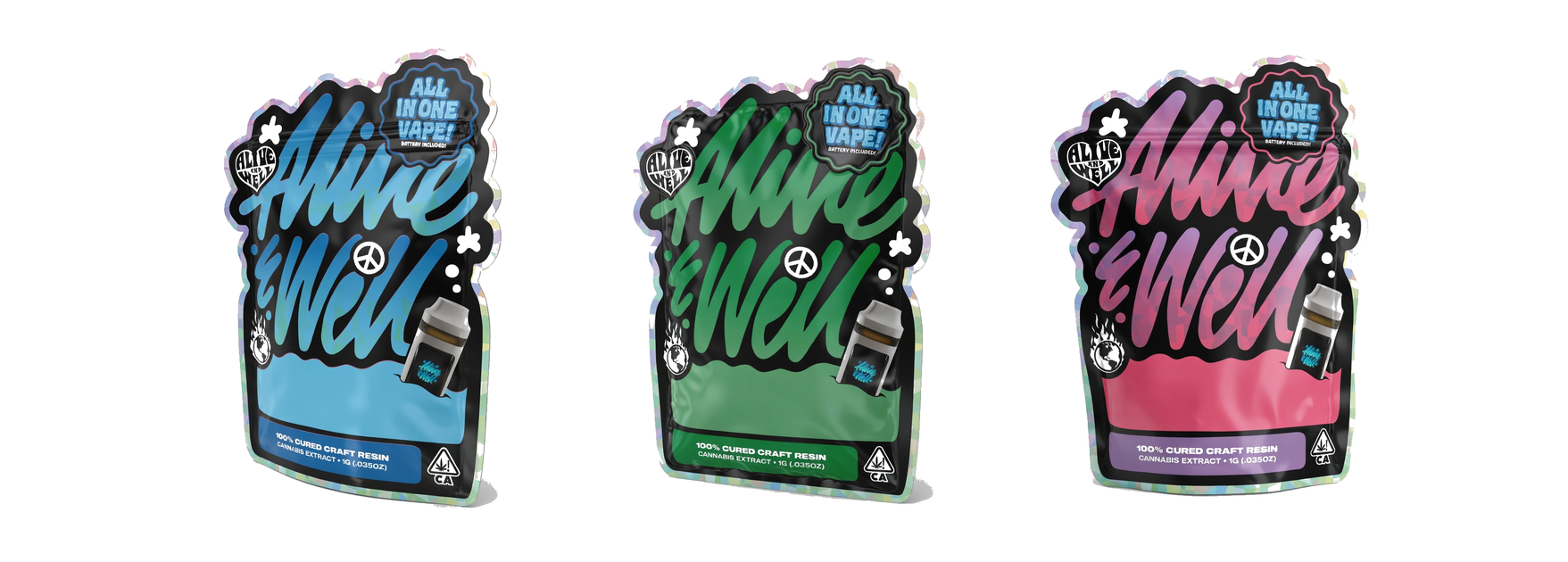 Alive & Well AIO All-in-One Cured Resin Cannabis Vape — California Packaging, All Three Colorways