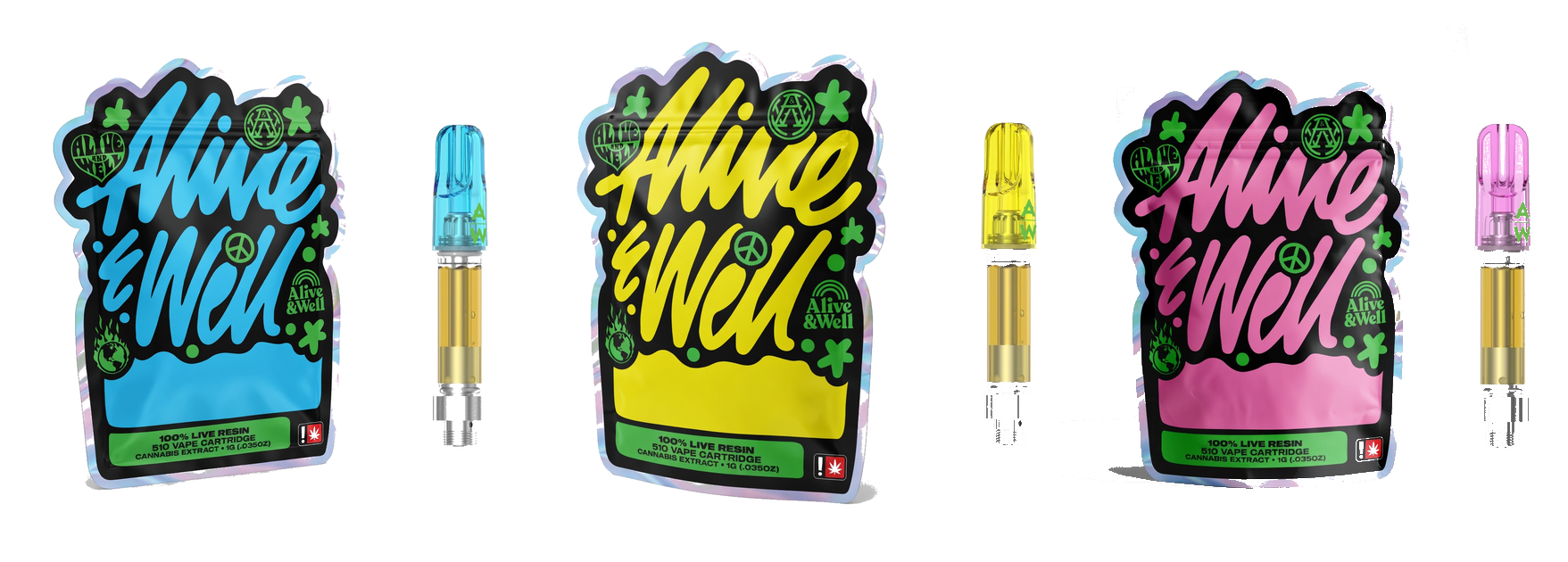 Alive & Well 1g 510 Thread Live Resin Cannabis Vape Cartridges — Oregon Packaging, All Three Colorways