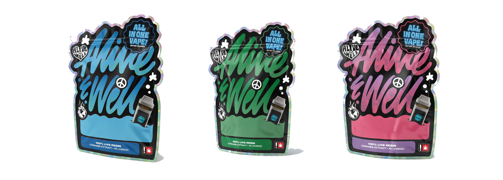 Alive & Well AIO All-in-One Live Resin Cannabis Vape — Oregon Packaging, All Three Colorways