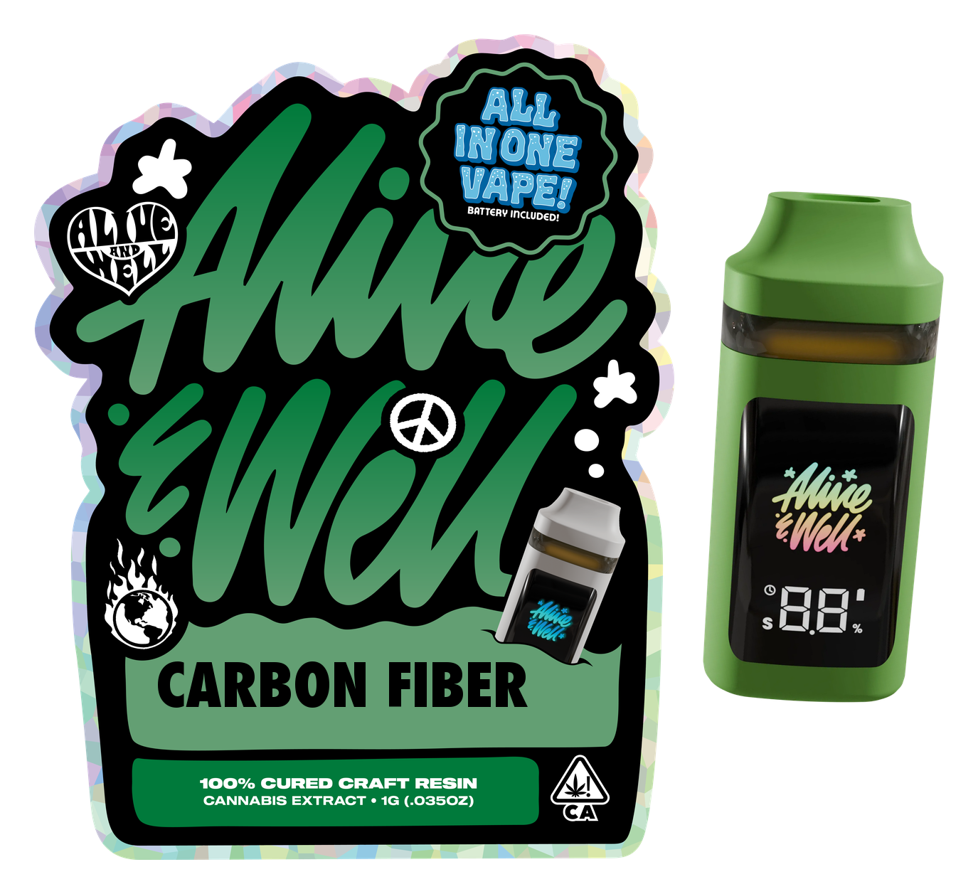 Carbon Fiber sativa — Alive & Well Cured Resin Cannabis Vape Cartridge with 510 device