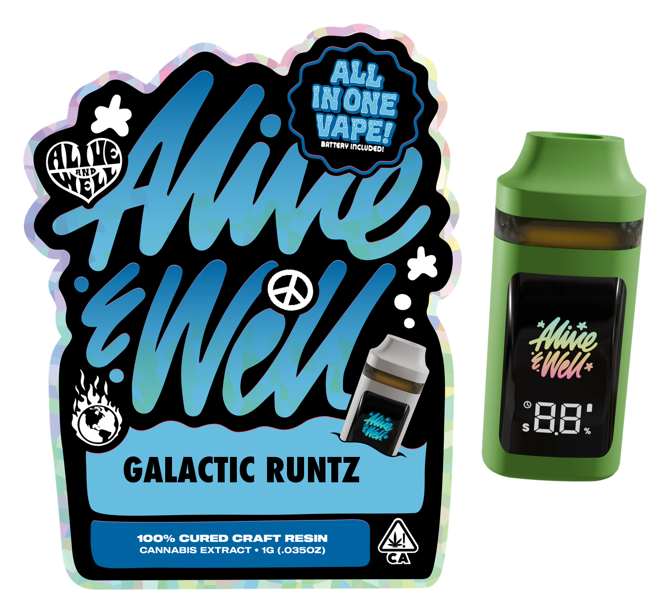Galactic Runtz indica — Alive & Well Cured Resin Cannabis Vape Cartridge with 510 device