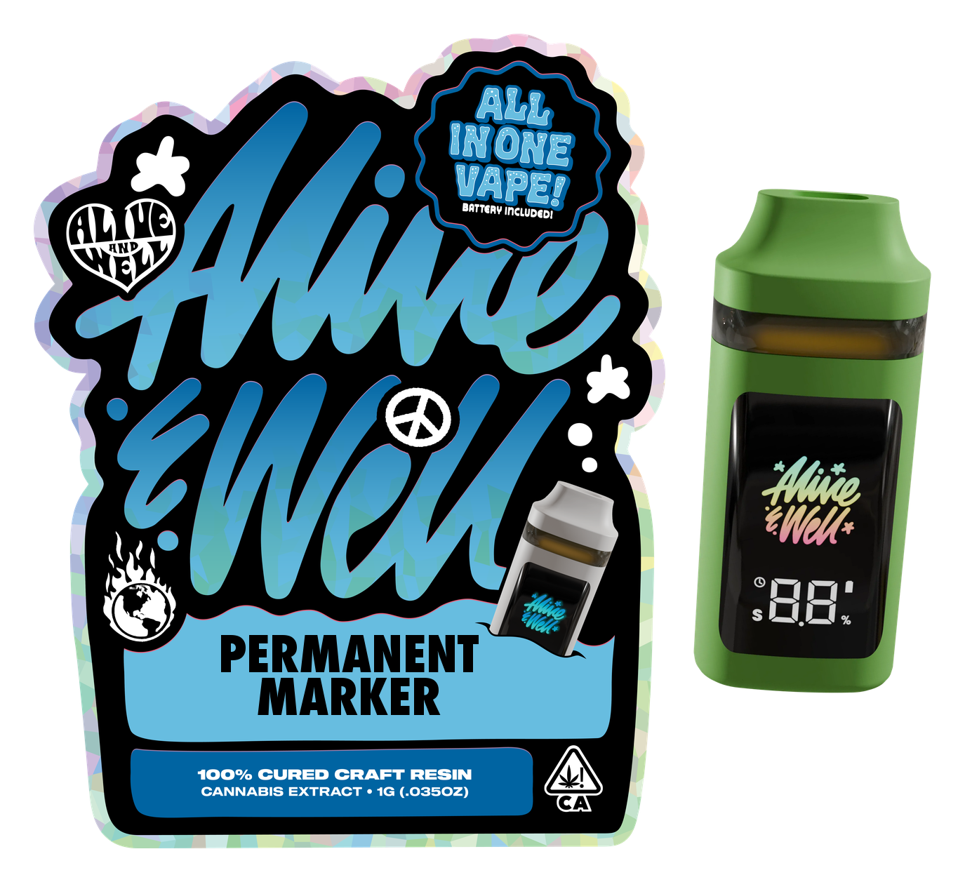 Permanent Marker indica — Alive & Well Cured Resin Cannabis Vape Cartridge with 510 device