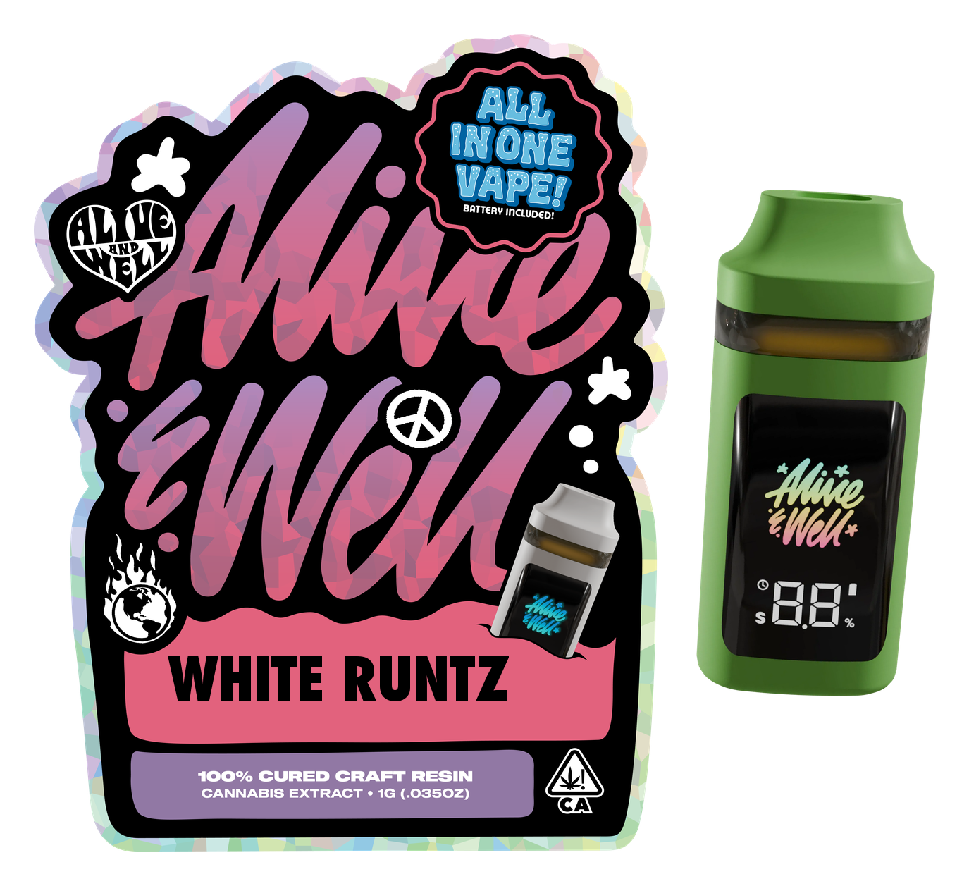 White Runtz hybrid — Alive & Well Cured Resin Cannabis Vape Cartridge with 510 device