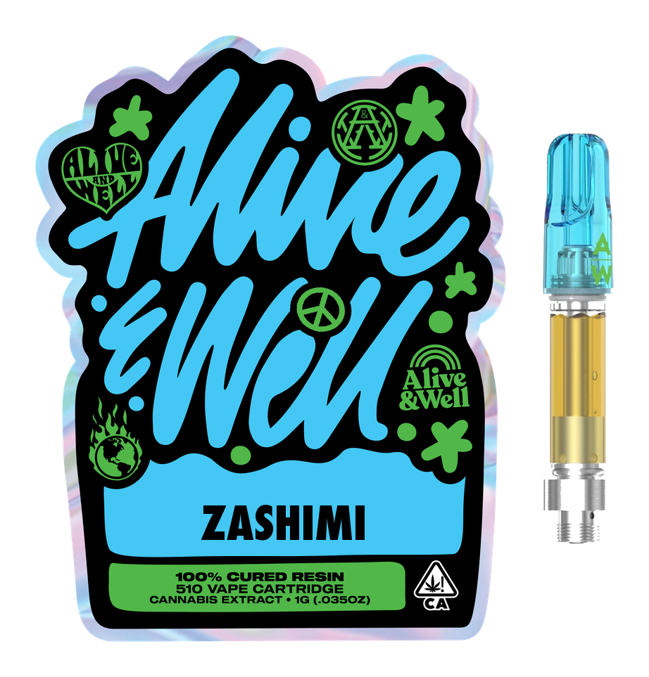 Zashimi indica — Alive & Well Cured Resin Cannabis Vape Cartridge with 510 device